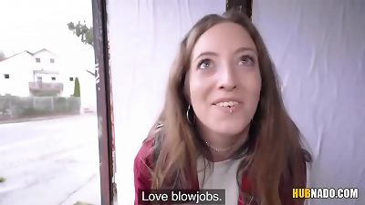 jummy redhead nymph blows and drills a stranger for a cash