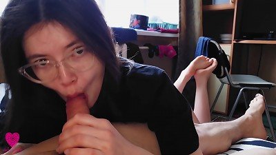 A classmate came to visit me and immediately, swallowing a jizz-shotgun in her mouth, blown it off yet did not undress