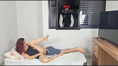 Delivery boy spying on couple having sex with the window open!