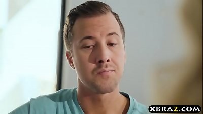 Stepmom demonstrates stepson the ways of hook-up in the kitchen