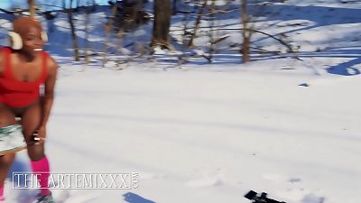 thick booty black dame Delilah Anne Grey drilled Outside In Snow